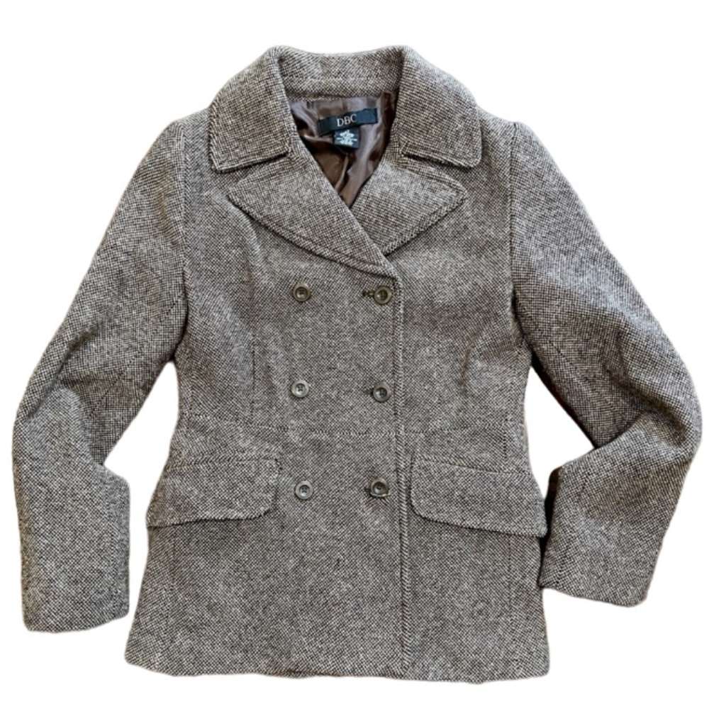DBC Brown & Cream Tweed Wool Blend Double Breasted Peacoat Size XS
